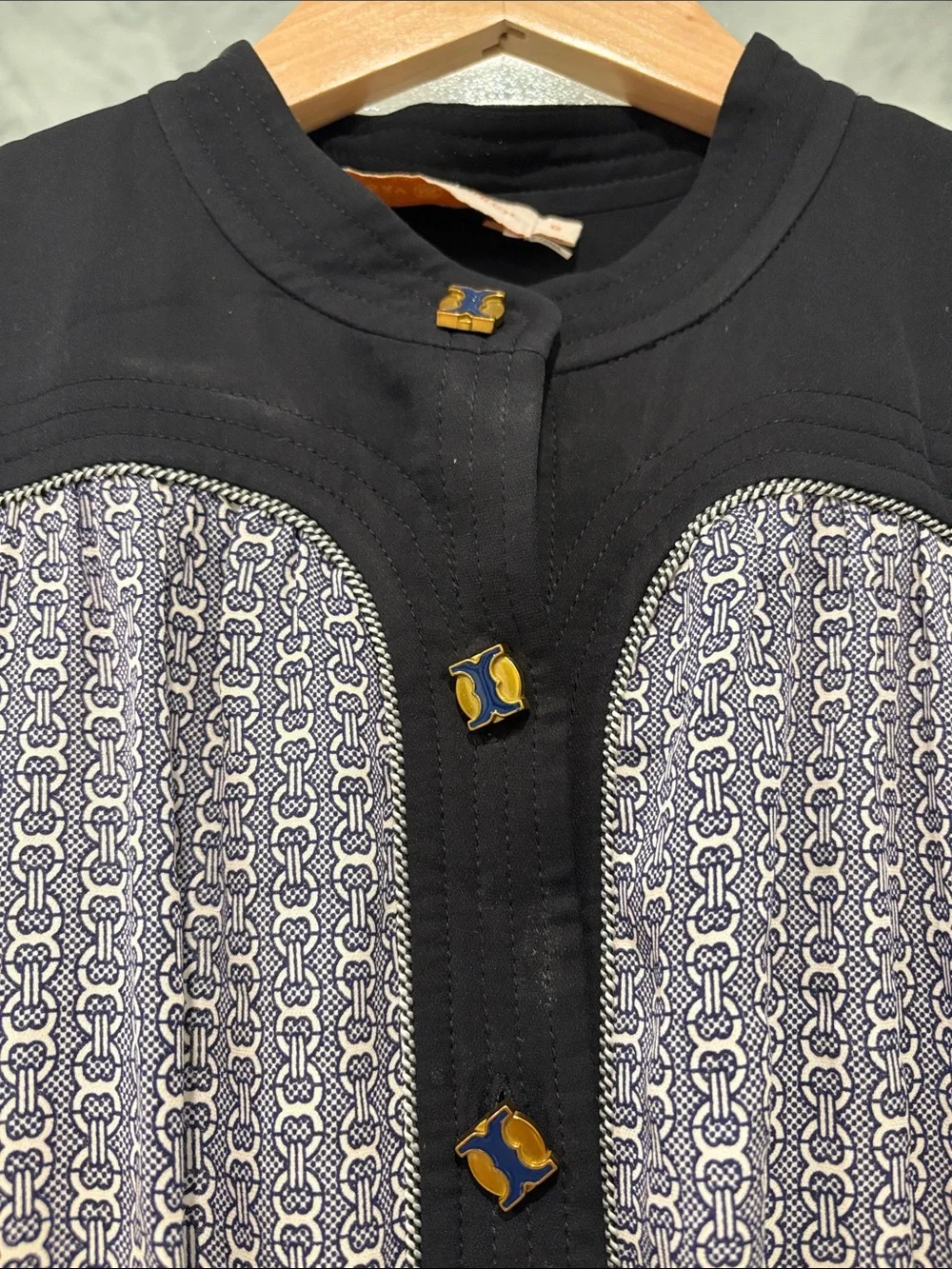 Tory Burch Sleeveless Midi Dress with Navy Trim and Gold Buttons - Size 12